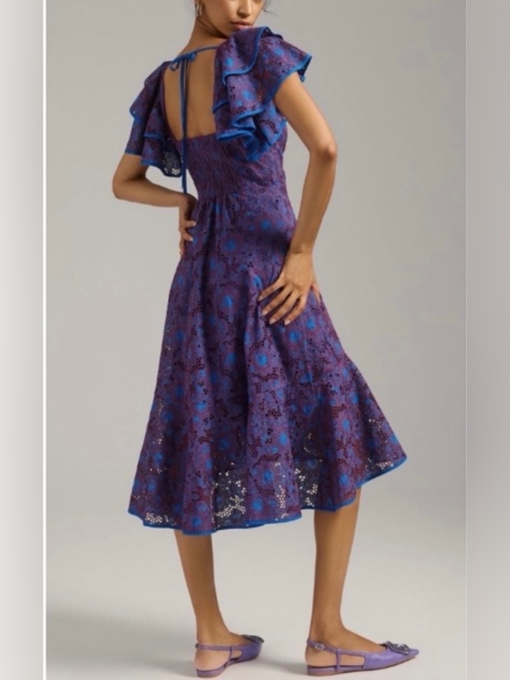 Anthropologie Blue & Purple Floral Lace Flutter Sleeve Dress Women’s Small NWOT